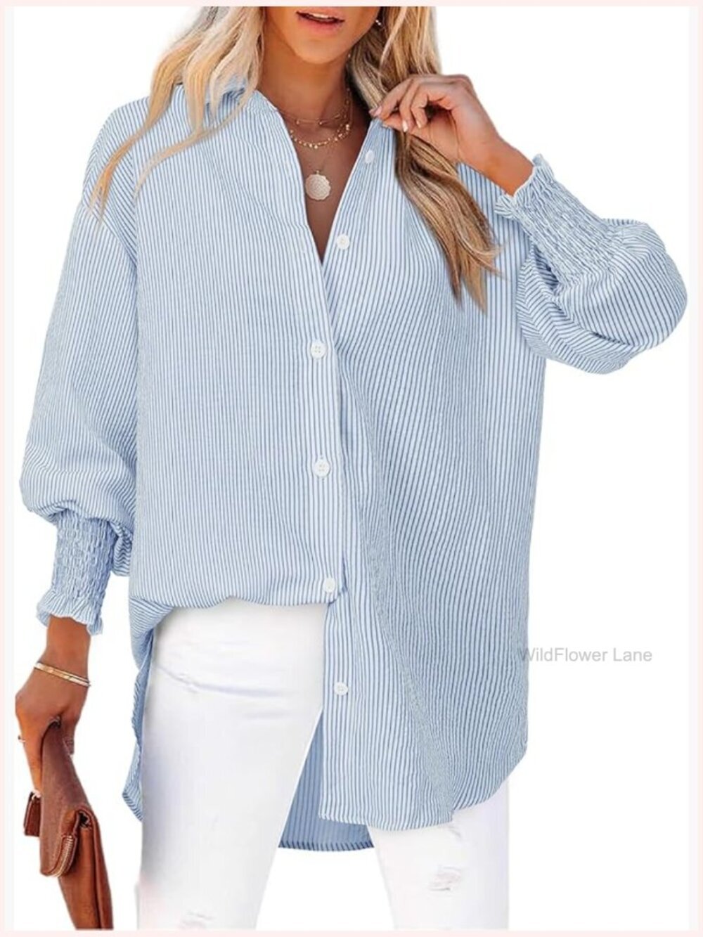 Long Sleeve Striped Button Down Shirt Oversized Blouse - Picture 1 of 7